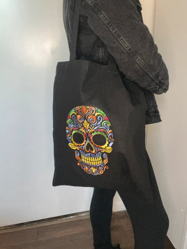 Tote bag negra calavera mexicana bordada de Nyx Fashion Ibz