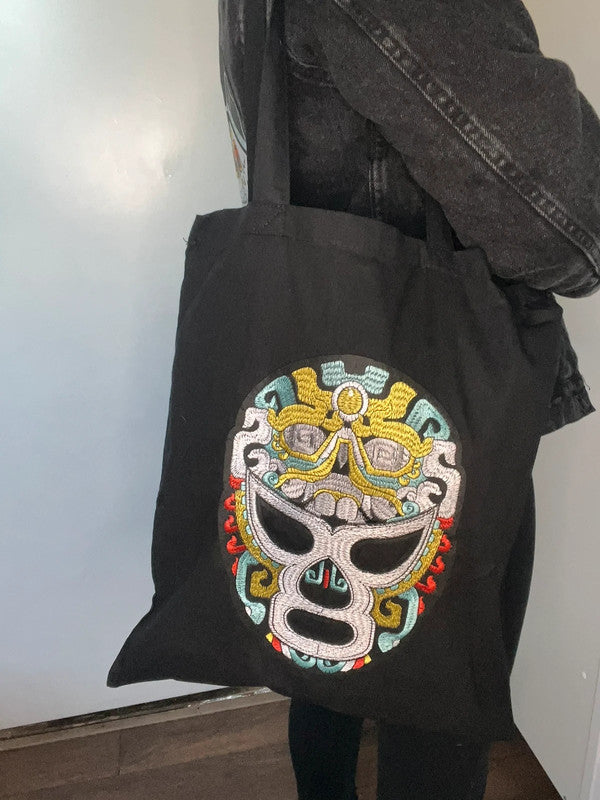 Tote bag negra máscara lucha libre boxeador bordada de Nyx Fashion Ibz
