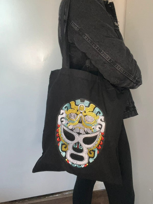Tote bag negra máscara lucha libre boxeador bordada de Nyx Fashion Ibz