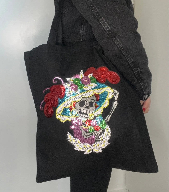Tote bag negra Catrina Calavera Lentejuelas de Nyx Fashion Ibz