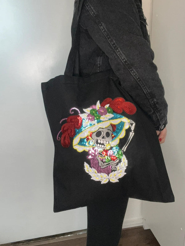 Tote bag negra Catrina Calavera Lentejuelas de Nyx Fashion Ibz