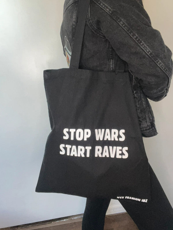 Bolso tote negro Stop Wars Start Raves de Nyx Fashion Ibz