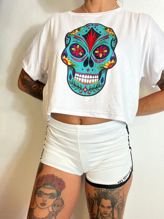Crop top blanco calavera de azucar turquesa Back to Black Nyx Fashion Ibz