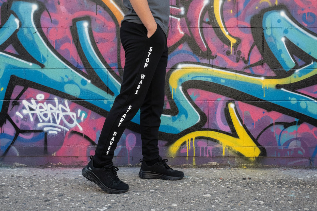 Pantalón deportivo Negro stop Wars Start Raves de Nyx Fashion Ibz