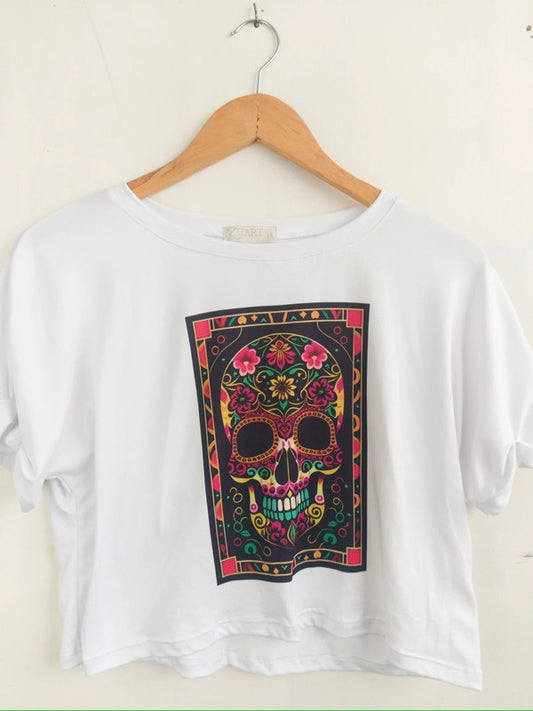 Crop top blanco calavera de azúcar cuadro