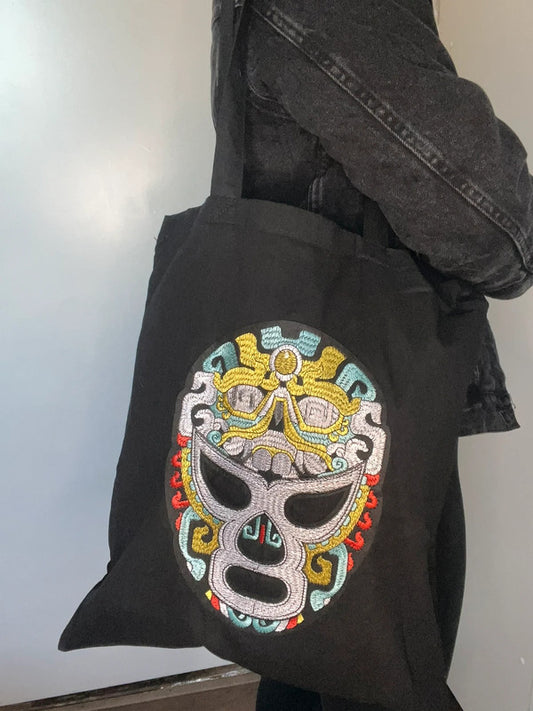 Tote bag negra máscara lucha libre boxeador bordada de Nyx Fashion Ibz