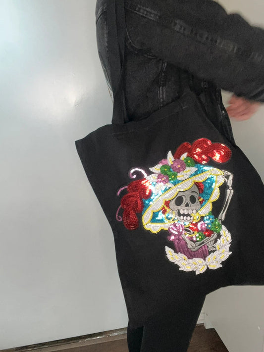 Tote bag negra Catrina Calavera Lentejuelas de Nyx Fashion Ibz