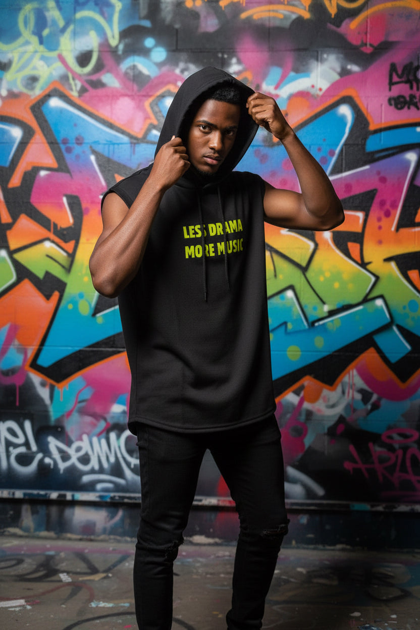 Camiseta negra sin mangas capucha Less drama more music Nyx Fashion Ibz