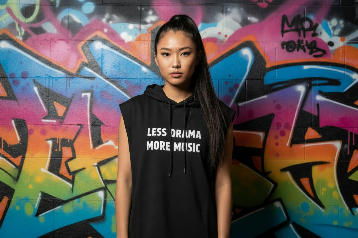 Camiseta negra sin mangas capucha Less drama more music Nyx Fashion Ibz