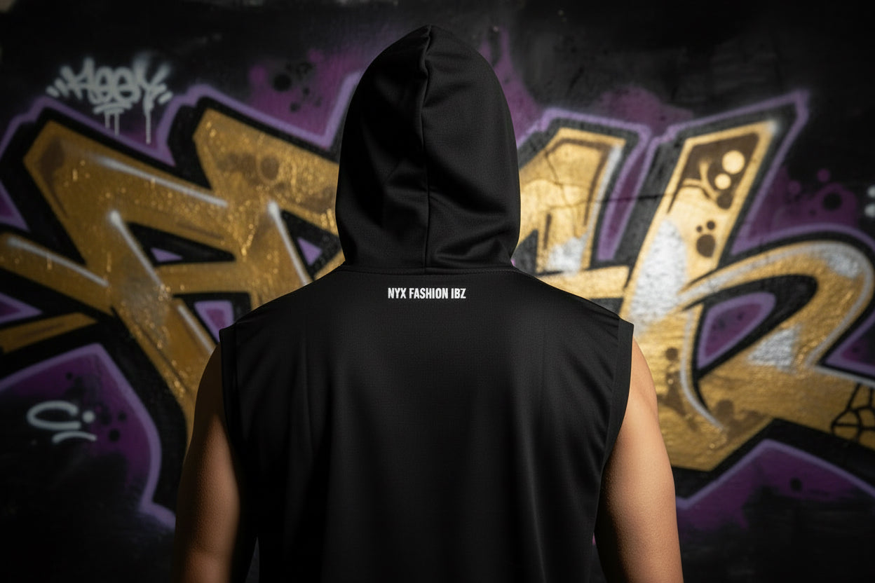 Camiseta negra sin mangas capucha Less drama more music Nyx Fashion Ibz