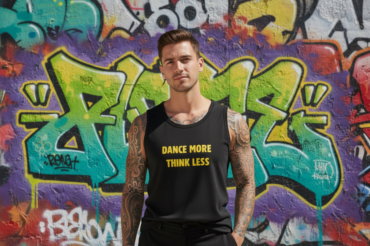 Camiseta negra sin mangas dance more think less nyx Fashion ibz