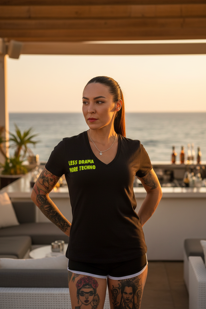 Camiseta negro amarillo Less drama more Techno algodón