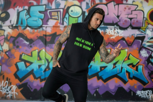 Camiseta sin mangas con capucha Aquí se viene a bailar techno Nyx Fashion Ibz