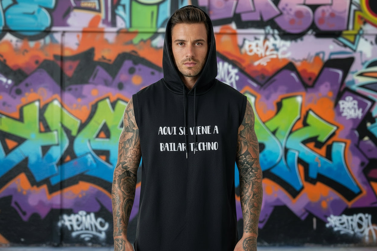 Camiseta sin mangas con capucha Aquí se viene a bailar techno Nyx Fashion Ibz