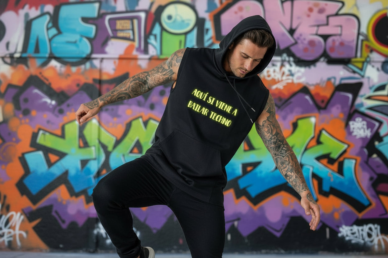 Camiseta sin mangas con capucha Aquí se viene a bailar techno Nyx Fashion Ibz