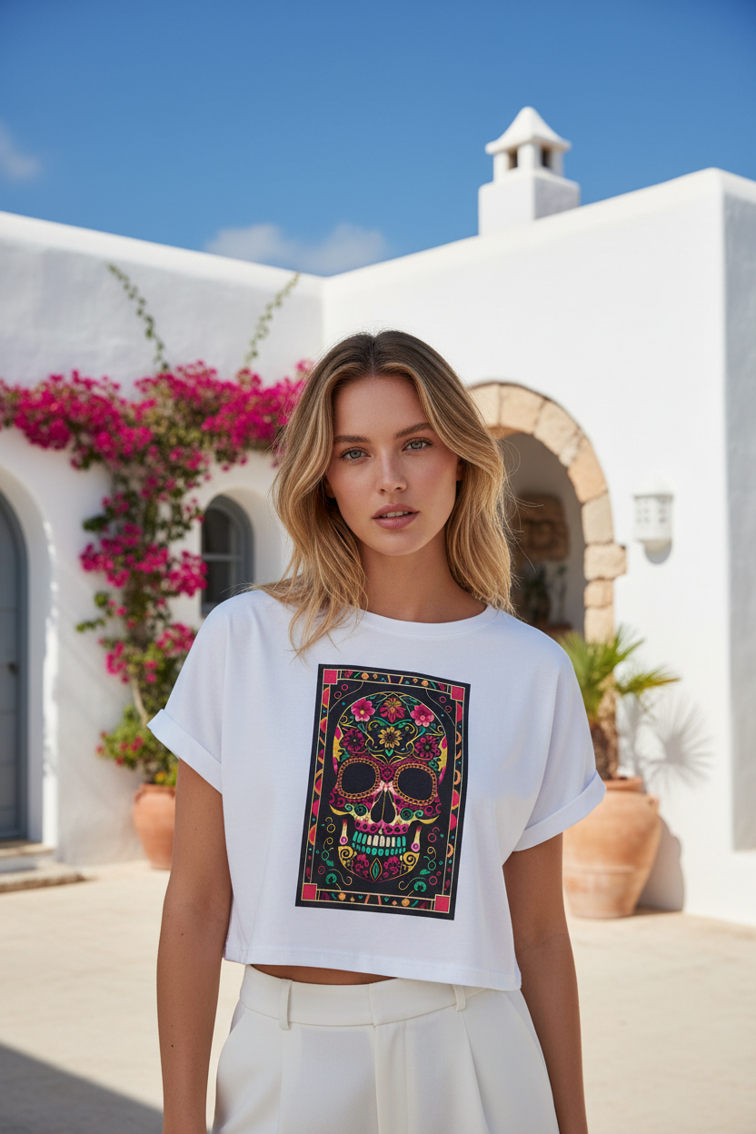 Crop top blanco calavera de azúcar cuadro mexicana