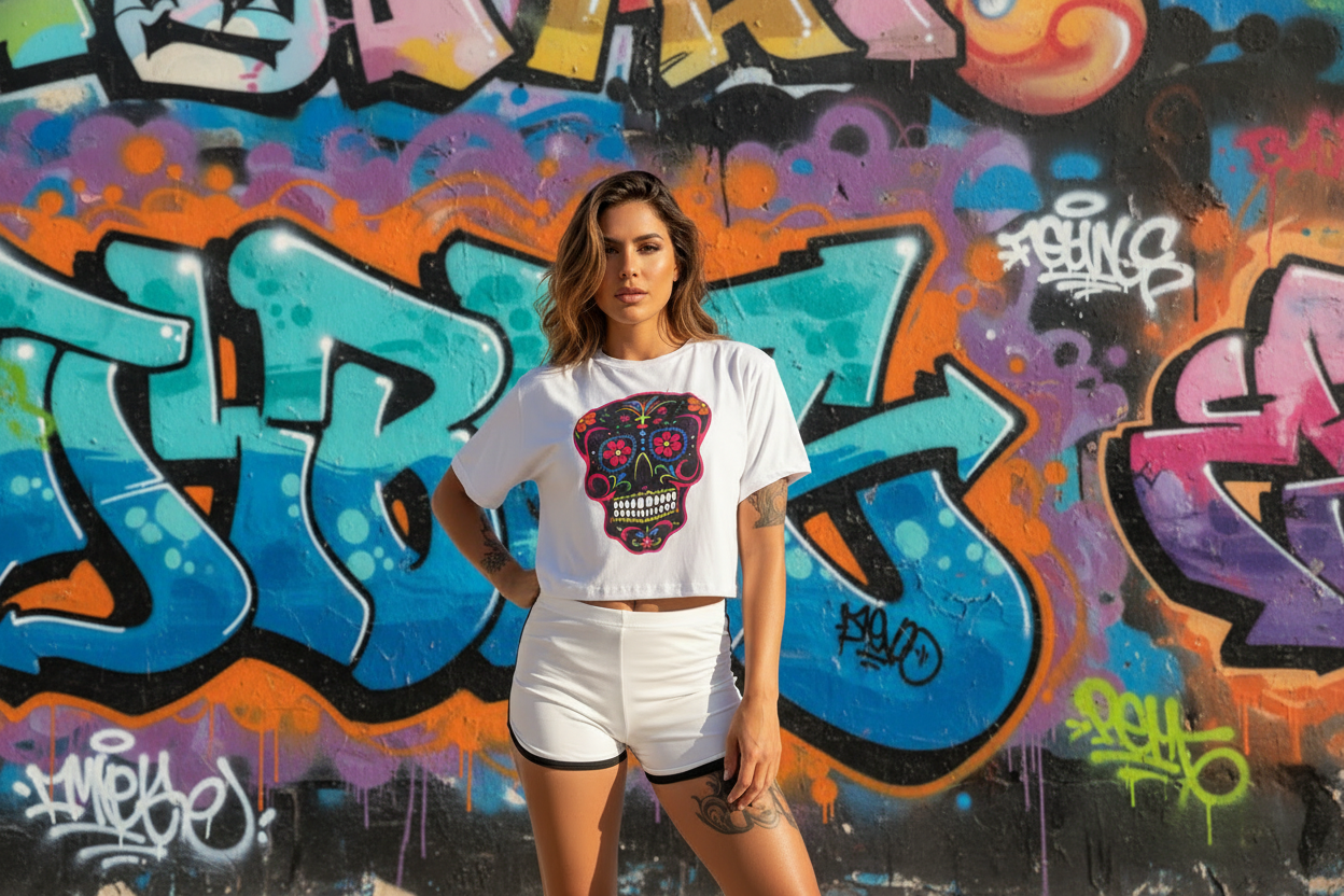 Crop top blanco calavera mexicana nyx Fashion ibz