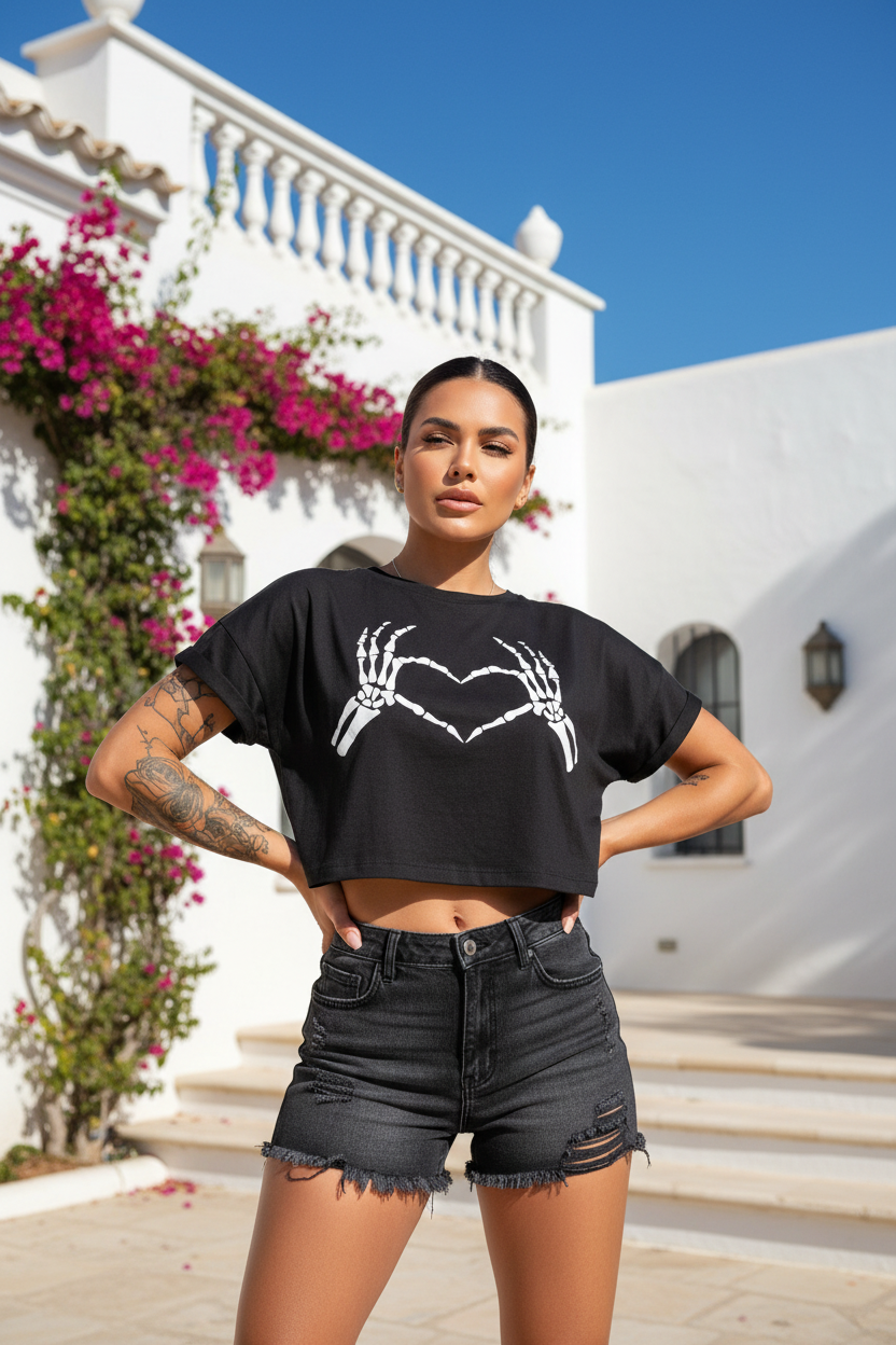 Crop top negro manos calavera corazón de nuestra colección Back to Black