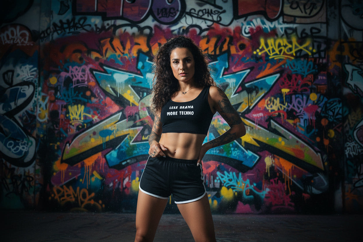 Mini top negro Less drama more techno algodón nyx Fashion ibz