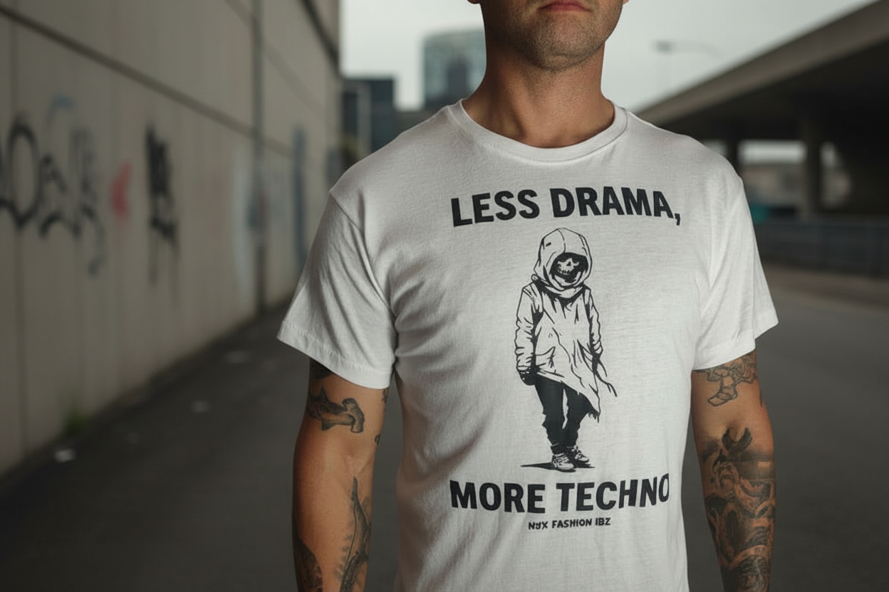T-shirt Less drama more techno calavera dj 100% algodón